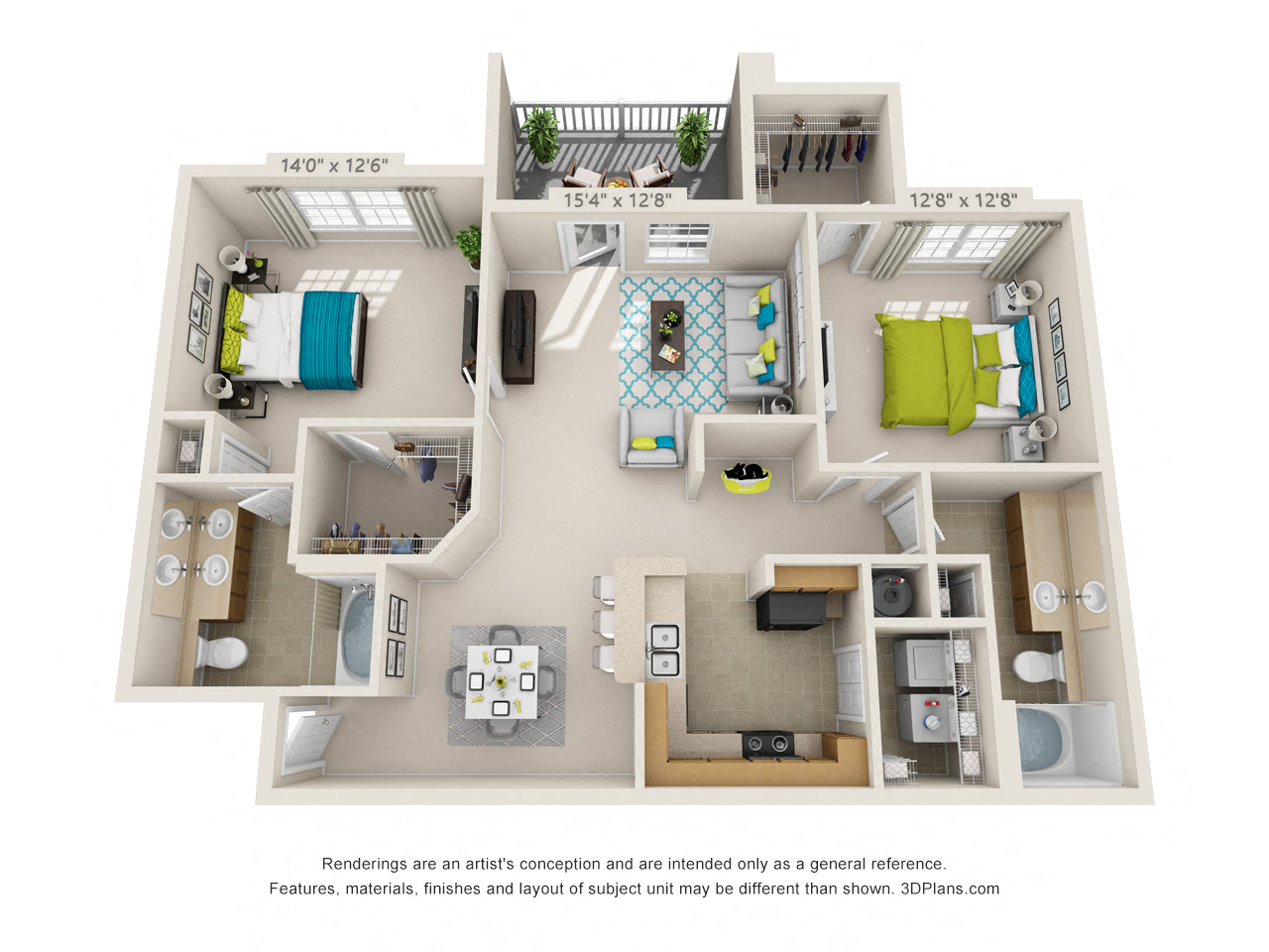 Floor plan for 2 beds, 2 baths, 1143 sqft